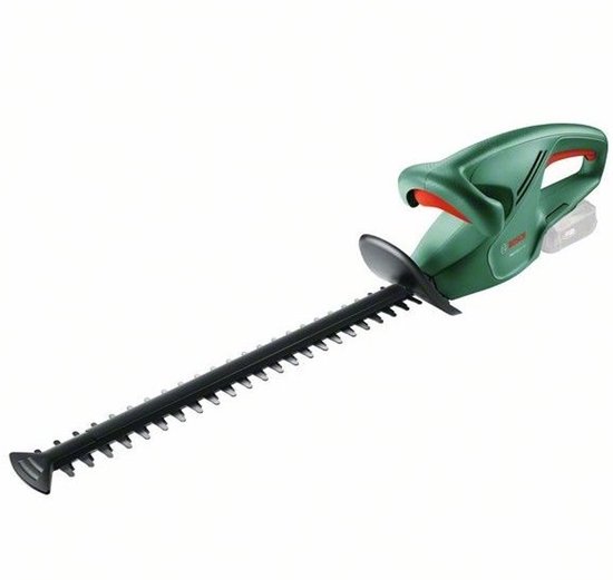 Groene Bosch heggenschaar met lange zwarte messen en een accupack.