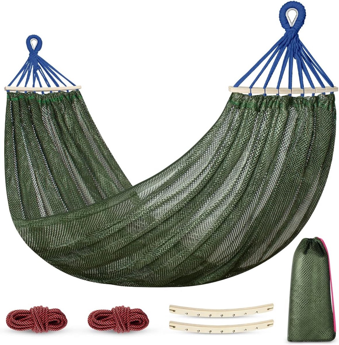Campinghangmat Net - Nylon Hangmat - Outdoor Ontspanning - Met Houten Stangen - 290 x 150 cm - Groen