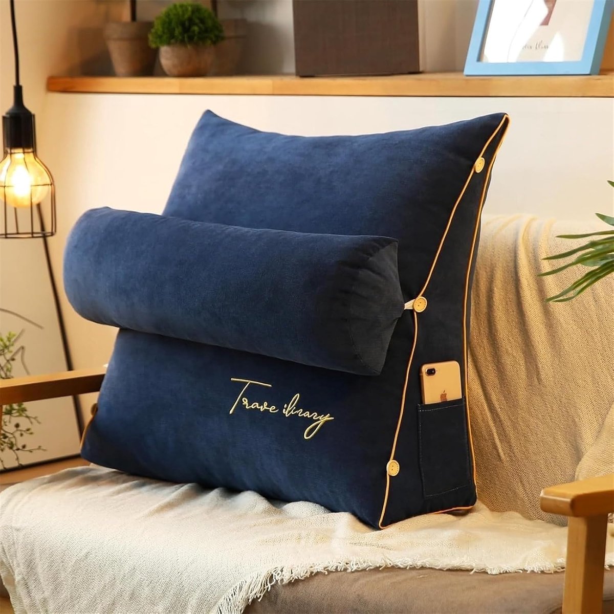 Driehoek Wigkussen - Rugsteun Kussen - Comfortabel Lezen - Met Hoofdsteun - 45x45x20cm - Donkerblauw