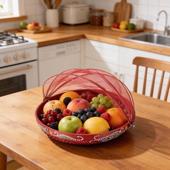 Vliegenbescherming Fruitmand - Vliegenkap Deksel - Voedsel Beschermen - Fair Trade Indonesië - 25 cm Diameter - Wijnrood — afbeelding 2