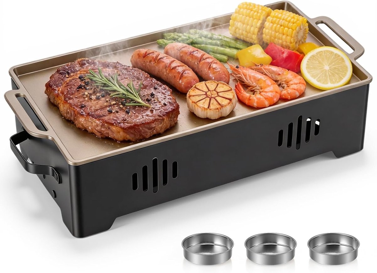 BBQ Warmhoudplaat - Vleeswarmer - Voedsel Warm Houden - Drie Theelichthouders - Zwart