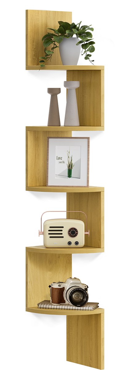 Vasagle Wandplank - Hoekplank - 5 Niveaus - Boeken en Planten - Slaapkamer Woonkamer Badkamer Eiken