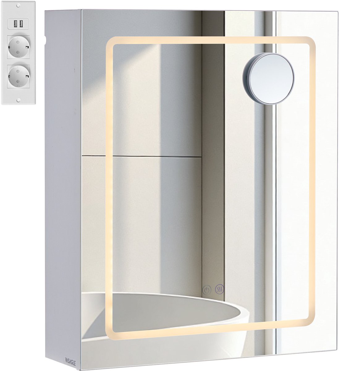 VASAGLE - Badkamer Kastje - Spiegelkast met Verlichting - Wandkast Badkamer - Ontwasemingsfunctie - Stopcontact