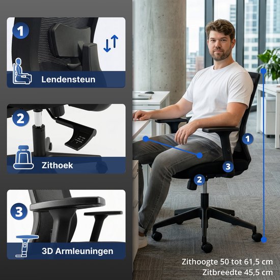 Backerz Ergonomische Bureaustoel - Bureaustoelen voor Volwassenen tot 140kg - Low Back Office Chair - NEN-EN1335 - Zwart