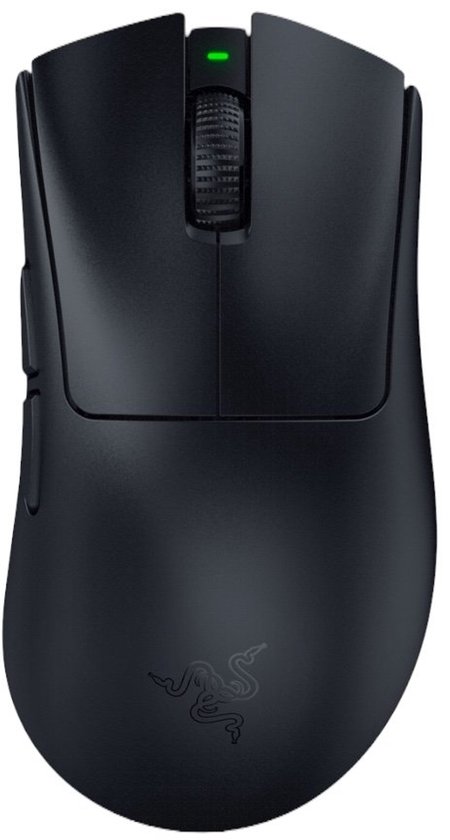 Zwarte Razer gaming muis met groene accenten en scrollwiel.