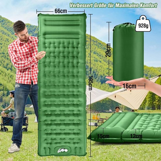 Zelfopblazende slaapmat - Luchtbed kamperen - Buiten slapen - Geïntegreerd kussen voetpomp - 195x66x12cm - Groen — afbeelding 3
