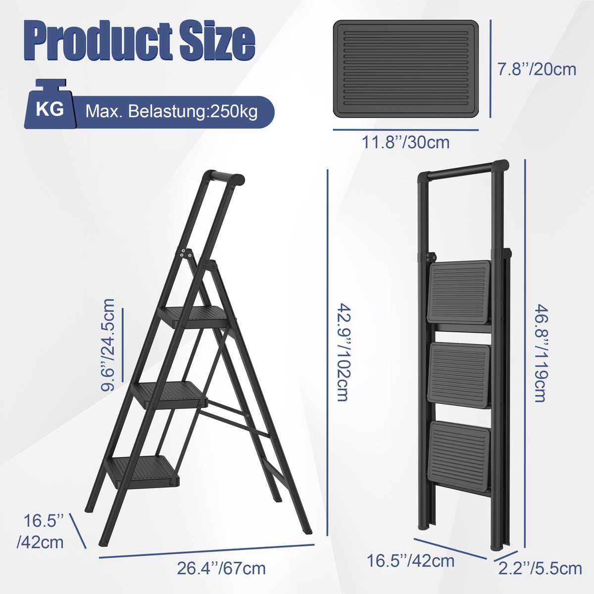 Opvouwbare Trapladder 3 Treden – Huishoudtrap met Brede Antislip Treden (30×20 cm), Stabiel & Belastbaar tot 250 kg – met Leuning – Zwart – foto 2