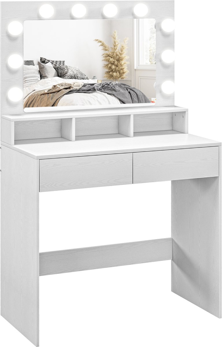 Kaptafel met verlichte spiegel, lades, 3 verlichtingsopties, 10 gloeilampen, moderne make-