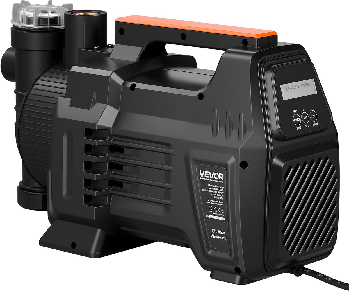 VEVOR Tuinpomp 1300 W, Irrigatiepomp Met Een Maximale Doorstroomsnelheid Van 4800 L/U, Pp-Jetpomp, Zuigpomp Met Een Opvoerhoogte Van 48 M, Intelligente Elektronische Besturing, voor Tuinirrigatie en Gazonbesproeiing.
