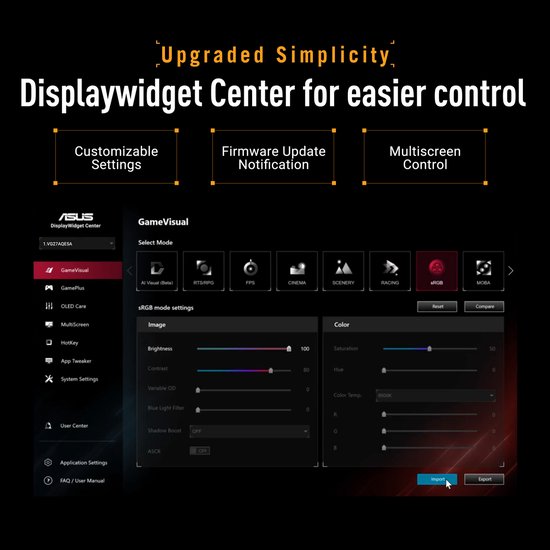 Screenshot van ASUS DisplayWidget Center software voor instellingen en bediening.