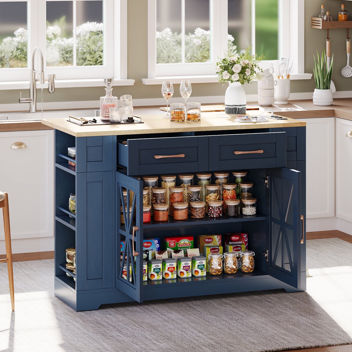 Draagbaar keukeneiland met opvouwbare eettafel - open opbergplanken - USB-poort - verstelbare legplanken - wielen met rem - blauw