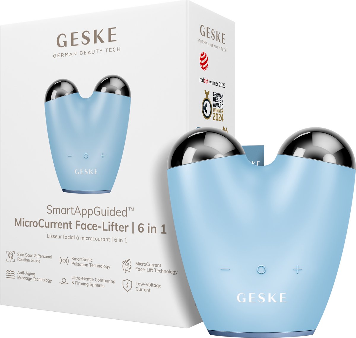 GESKE | SmartAppGuided™ SmartAppGuided™ MicroCurrent Face Lifter | 6 op 1 | Gezichtslifting | Tools voor huidverzorging | Facelift | Anti-aging apparaat | MicroCurrent tegen rimpels