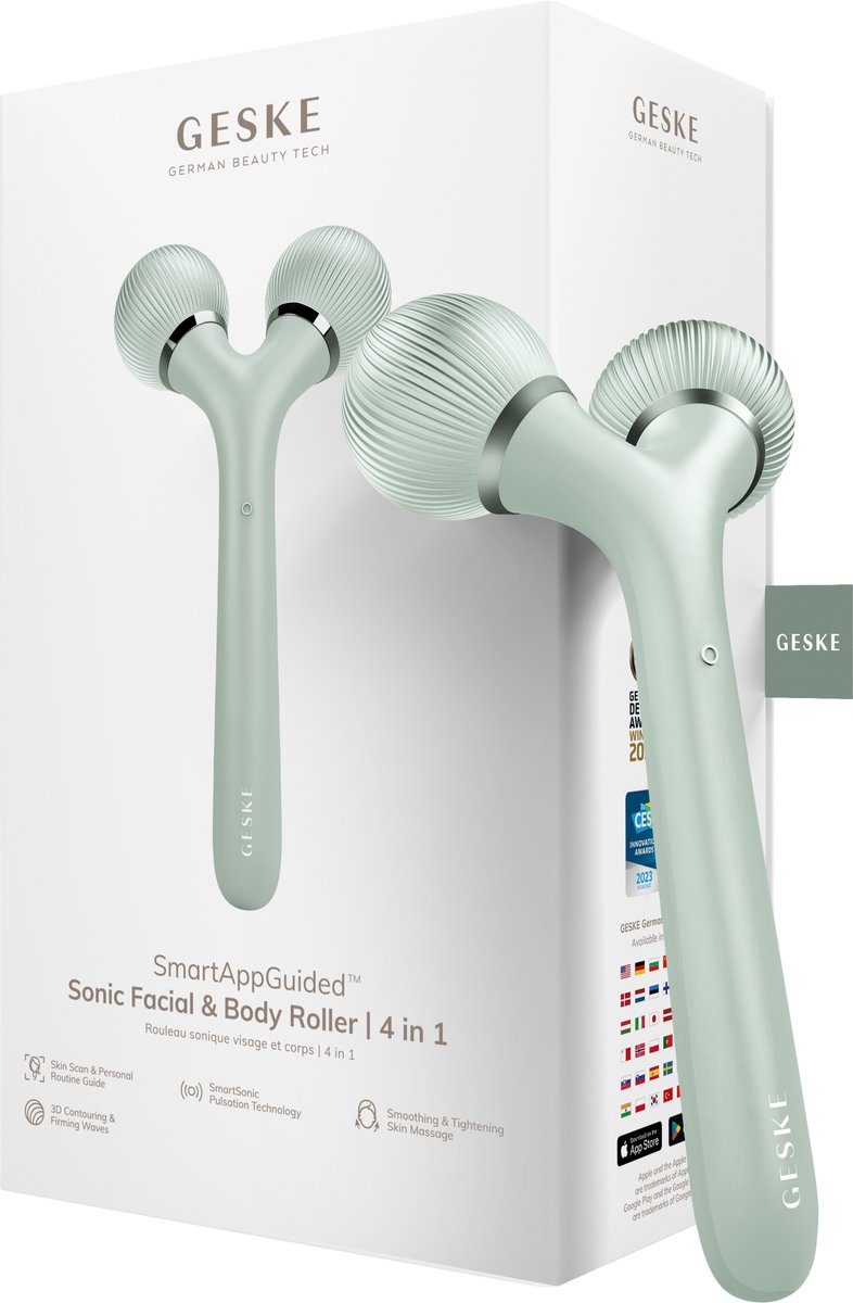GESKE | SmartAppGuided™ Sonic Facial & Body Roller | 4 in 1 | Dermaroller | Apparaat voor gezicht en lichaam | Dermarol | Professionele gezichtsroller | Verstevigt en definieert lichaam en gezicht