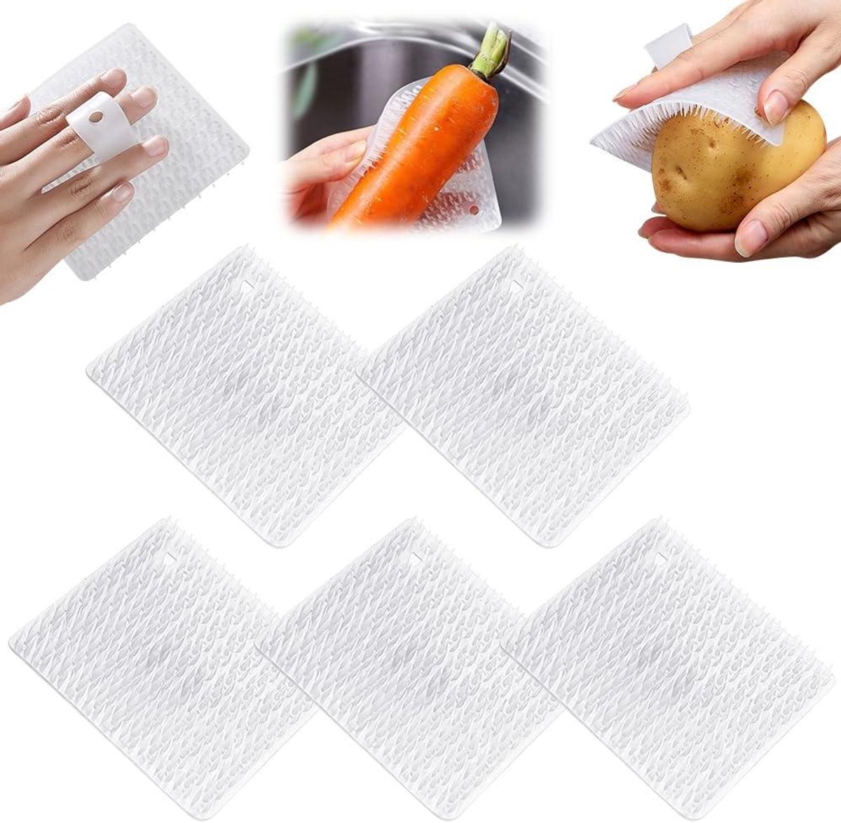 Groenteschrobbers - Fruitborstels - Efficiënt Schoonmaken - Met Vingerhouder - 5 Stuks - Wit