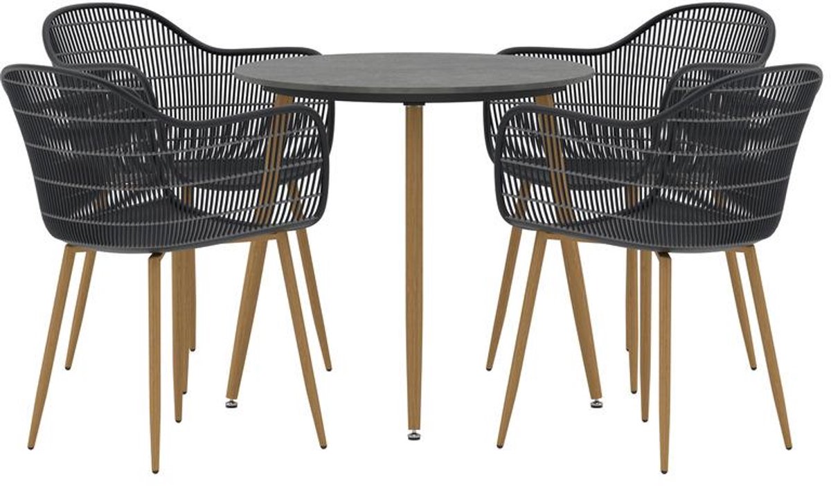 Svea - Colton ronde tuintafel ø80 + 4 tuinstoelen - zwart/donkergrijs
