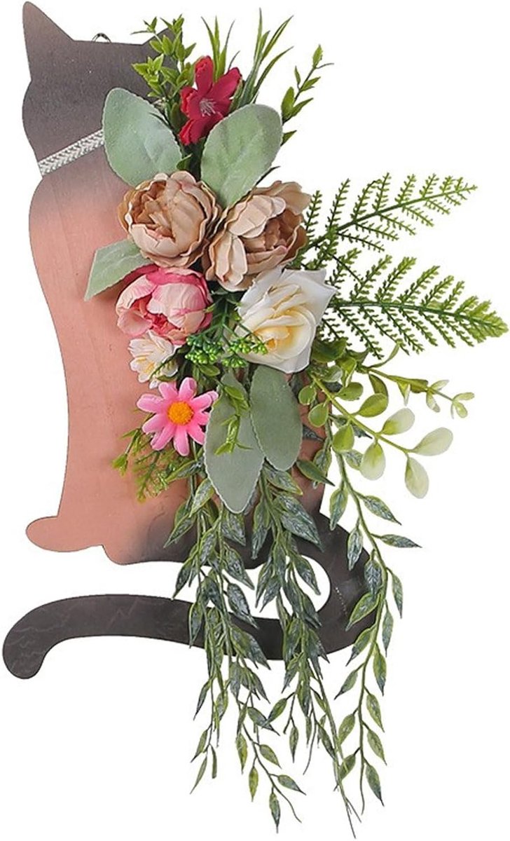 Hangende muurdecoratie voor buiten, rustiek houten vakantieteken met bloemen, kattendeur krans voor boerderij en veranda