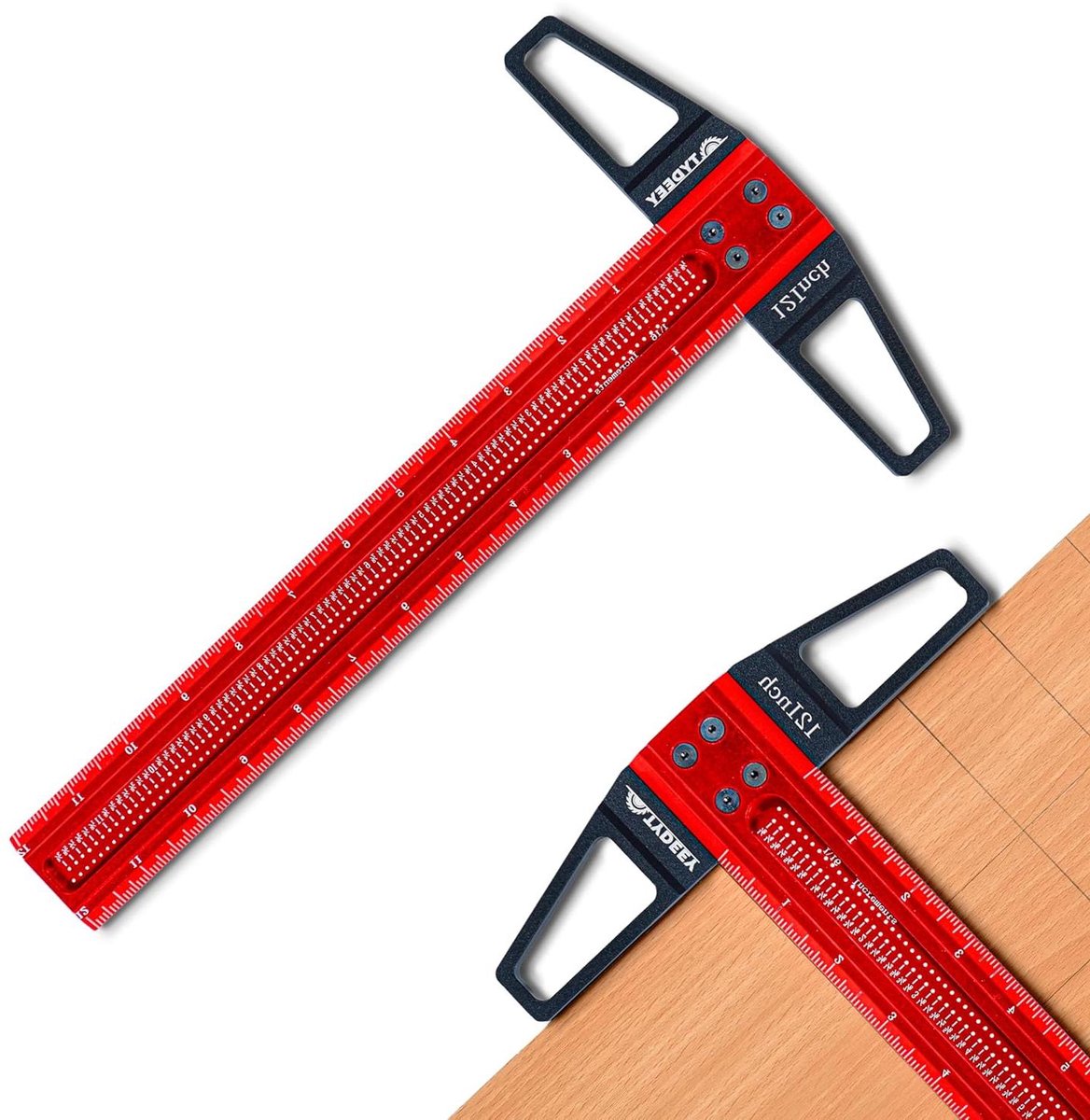 Precisie T-liniaal - Meetinstrument Winkelhaak - Houtbewerking Lay-out - Nauwkeurige Gaten - 12 Inch - Rood