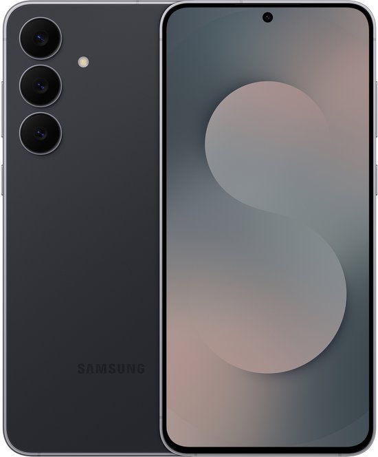 Zwarte Samsung smartphone met drievoudige camera aan de achterzijde en minimalistische display.