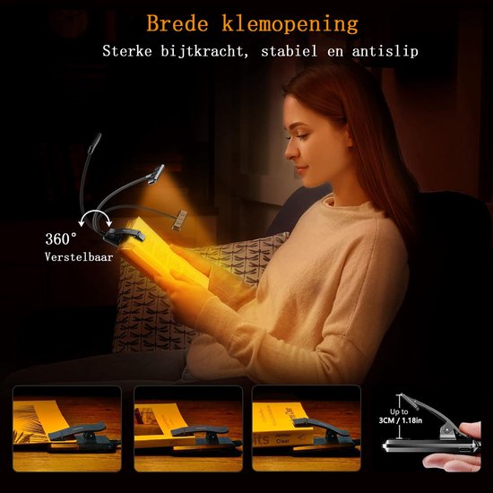 Sander Shop Leeslamp Boekenklem, USB C Oplaadbare Boeklamp met 19 LEDs, 3 Kleurtemperatuurmodi, Lange Looptijd, 360° Flexibel Traploze Helderheid Klemlamp voor Nachtlezen in Bed van sander-shop — afbeelding 4