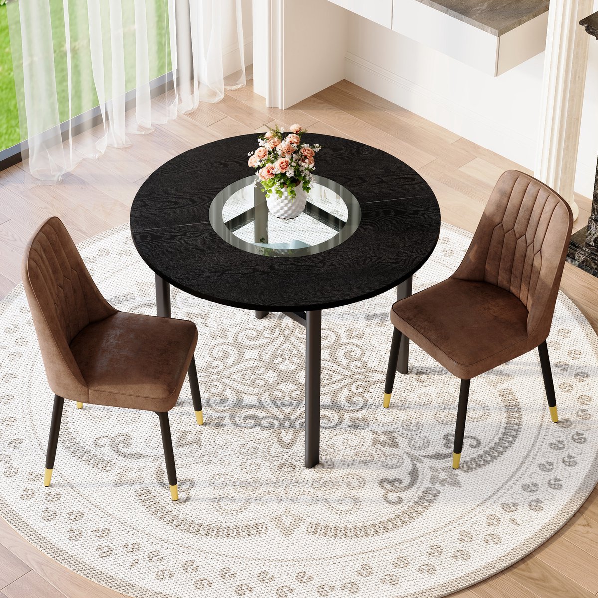 MODENUIT Eettafelset 100 cm - Ronde Tafel Met Glasinzet En 2 Stoelen - Voor Woonkamer - MDF Metaal Stof - Bruin Zwart Zwart + Bruin