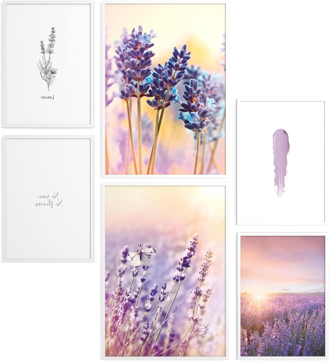 Poster Set - Wanddecoratie - Woonkamer Aankleden - Inclusief Houten Lijsten - 2x A3 4x A4 - Lavendel