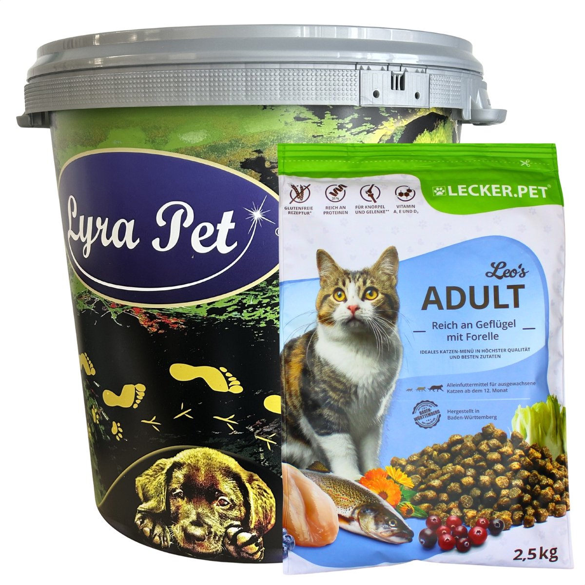 2,5 kg Lecker.Pet® Leo's Adult Geflügel & Forelle Katzenfutter Trockenfutter Vollnahrung in 30 L Tonne