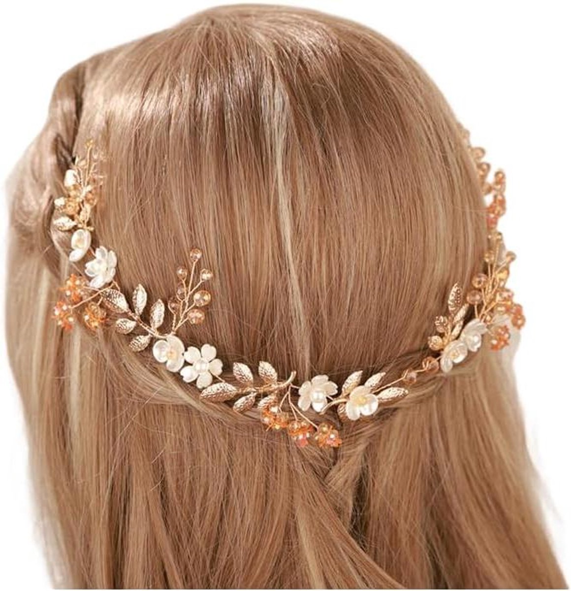 Bruids Hoofdband - Haarsieraad Parel - Bruiloft Versieren - Flexibele Wijnstok - 33 cm - Goud