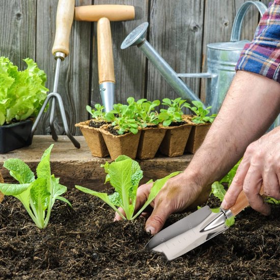 Tuinschep - Roestvrijstalen tuinschep - Kleine tuinschep - Smalle tuinschep - Tuinschep met houten handvat - Roestvrijstalen tuinschep met houten handvat - Ophangbaar - Geschikt voor planten en graven - Zilver, beige — afbeelding 5