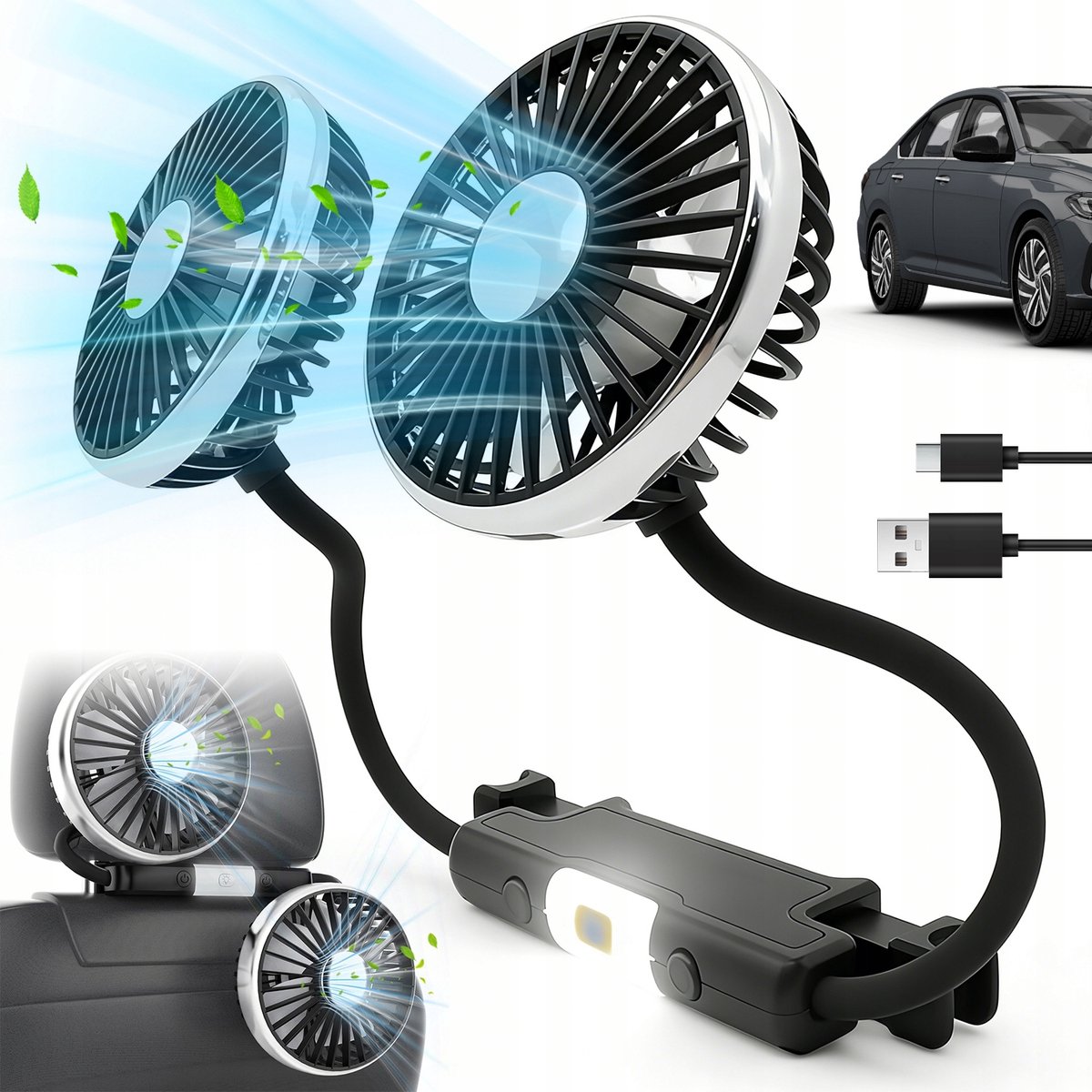Auto Ventilator - USB Ventilator - Dubbele ventilator - 3 Snelheden & 360° Verstelbaar - 16×15×3cm - Dubbele Kop & LED-verlichting - Voor Achterbank & Reizen