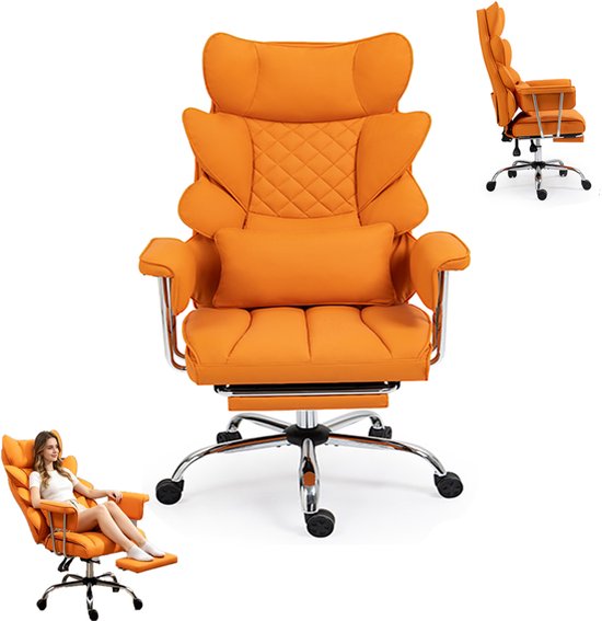 Oranje ergonomische bureaustoel met hoofdsteun, lendenkussen, voetensteun en een vrouw die erop zit.
