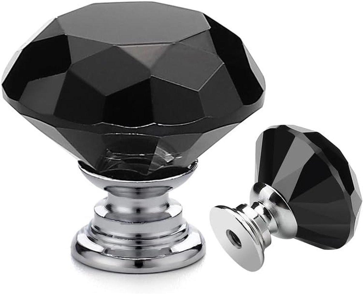 Ladeknoppen Set - Kristallen Handgrepen Zwart - 5 Stuks 30mm - Diamantvormig Design met Zilveren Basis - Voor Keuken Kast en Commode - Elegante Zwarte Decoratie