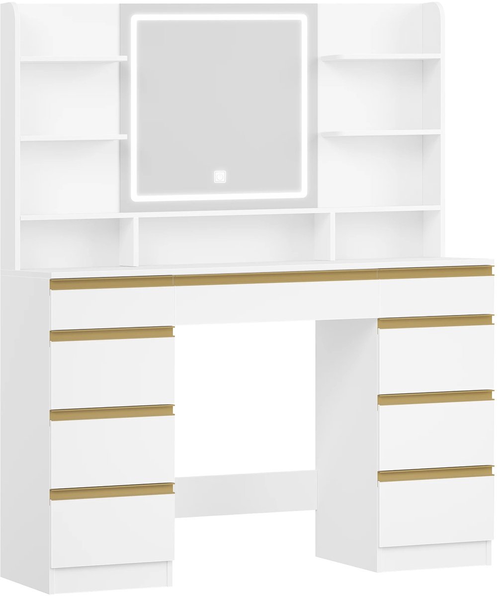 Naiz® - Kaptafel - Led verlichting - Spiegel - 9 lades - 9 planken - Wit - 107 x 40 x 140 cm
