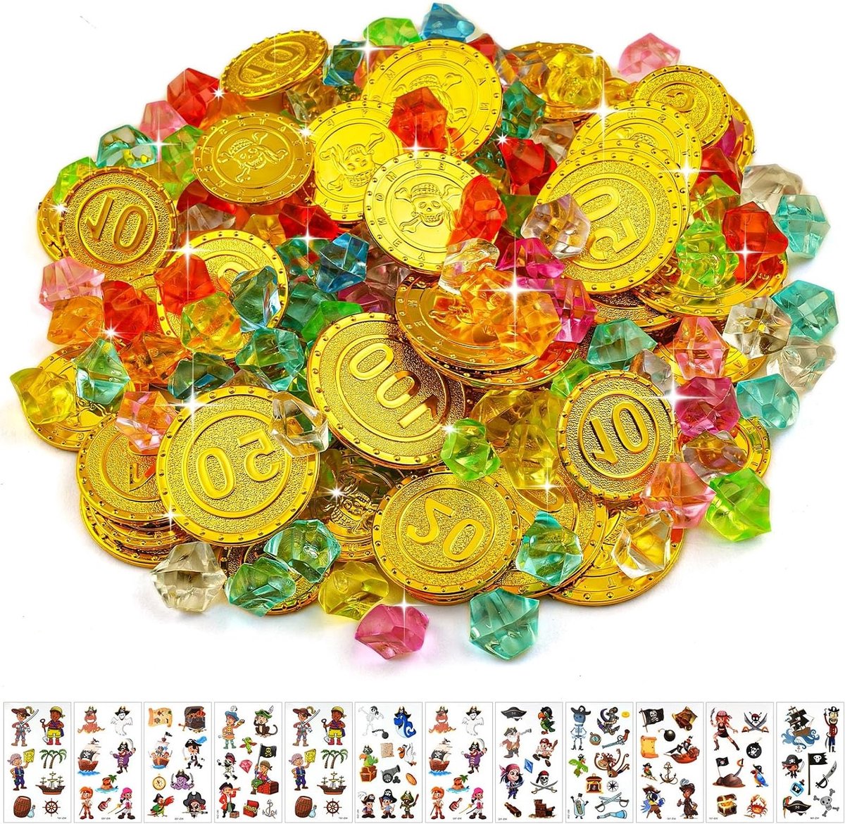 Gouden Munten en Piraten Edelstenen, 100 Schatstukken, 12 Tattoo Stickers voor Piratenfeesten en Schatjachten