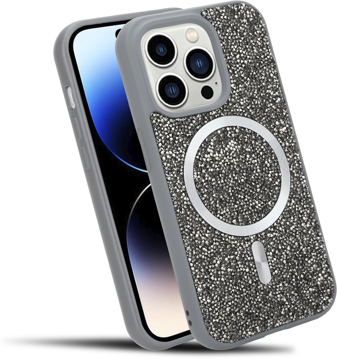Hoesje geschikt voor iPhone 14 PRO MAX in Grijs Diamant Glitter Stijl