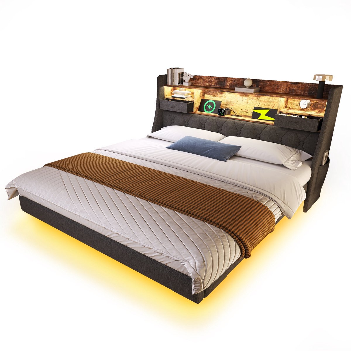 Merax Gestoffeerd Bed 140x190 cm - Zwevend Bed - Bed met Opbergruimte - LED Verlichting met Afstandsbediening - Hoofdbord met USB en Type C - Grijs