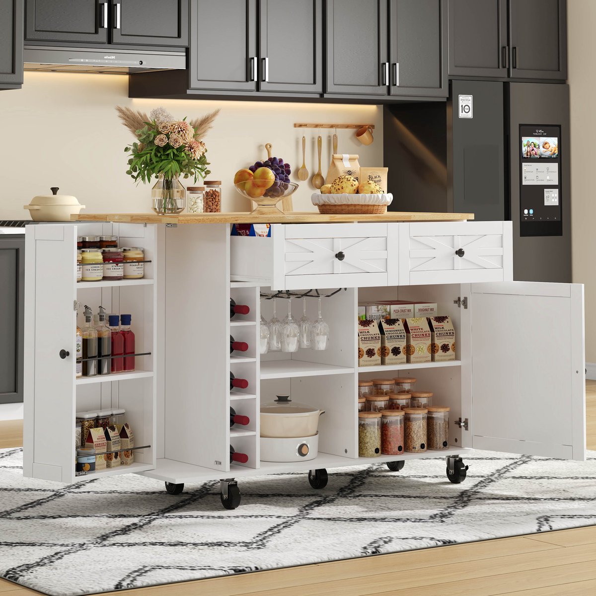MIVRAY Keukeneiland - Met Uitklapbaar Werkblad En Opbergruimte - Verrijdbaar Voor Keuken En Bar - MDF - 120x45x89 Cm