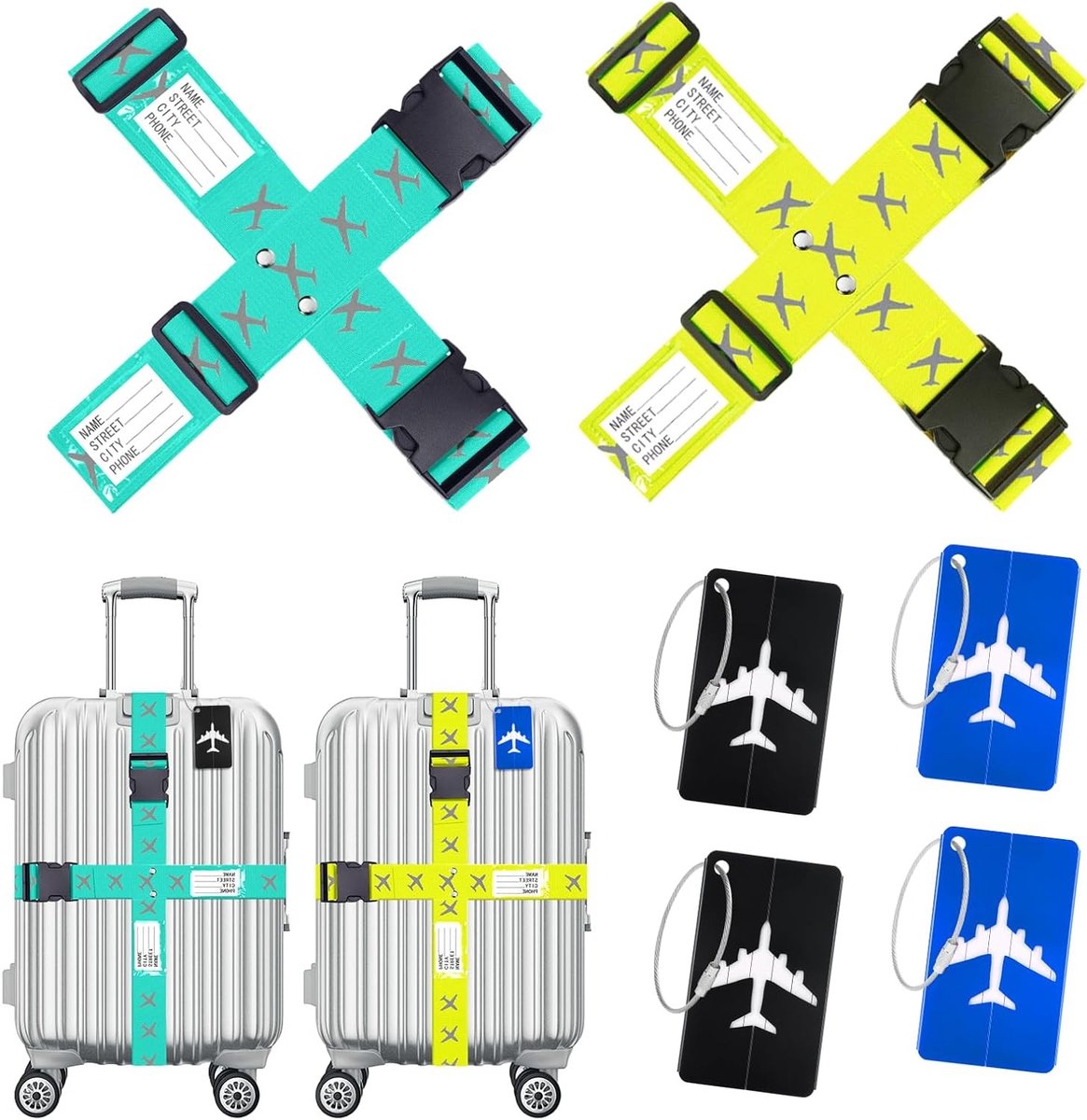 Verstelbare bagagestraps met labels, 4-delige set voor veilige en georganiseerde reis, antislip reiskoffers en accessoires (groen en lichtblauw)