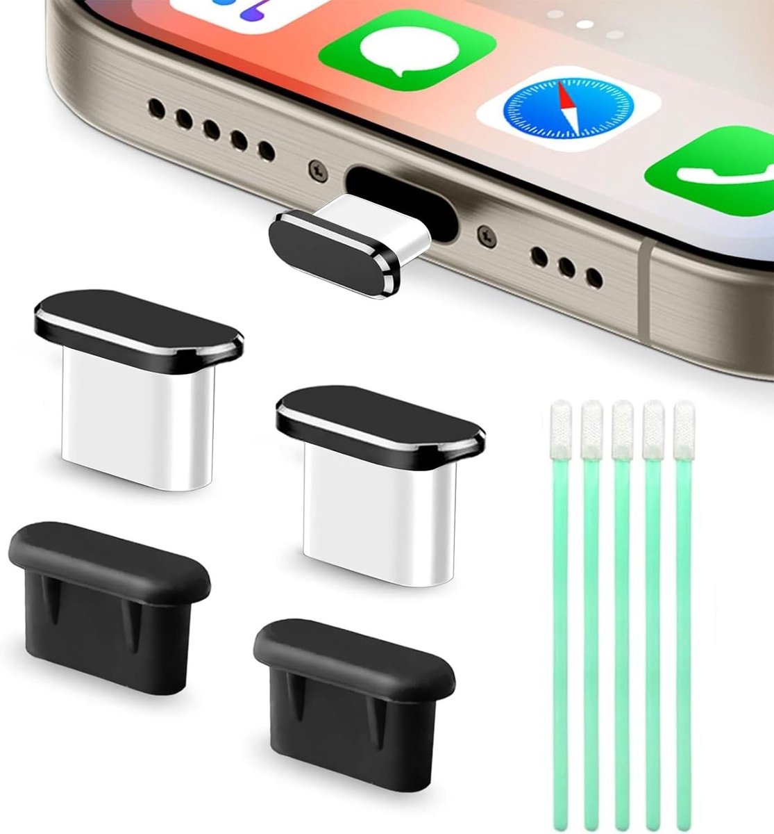 Pack van 4 USB-C stofbeschermers, compatibel met iPhone 15/16 Pro, Pro Max, oplaadpoortbeschermers van aluminium en silicone, bescherming tegen stof en vuil