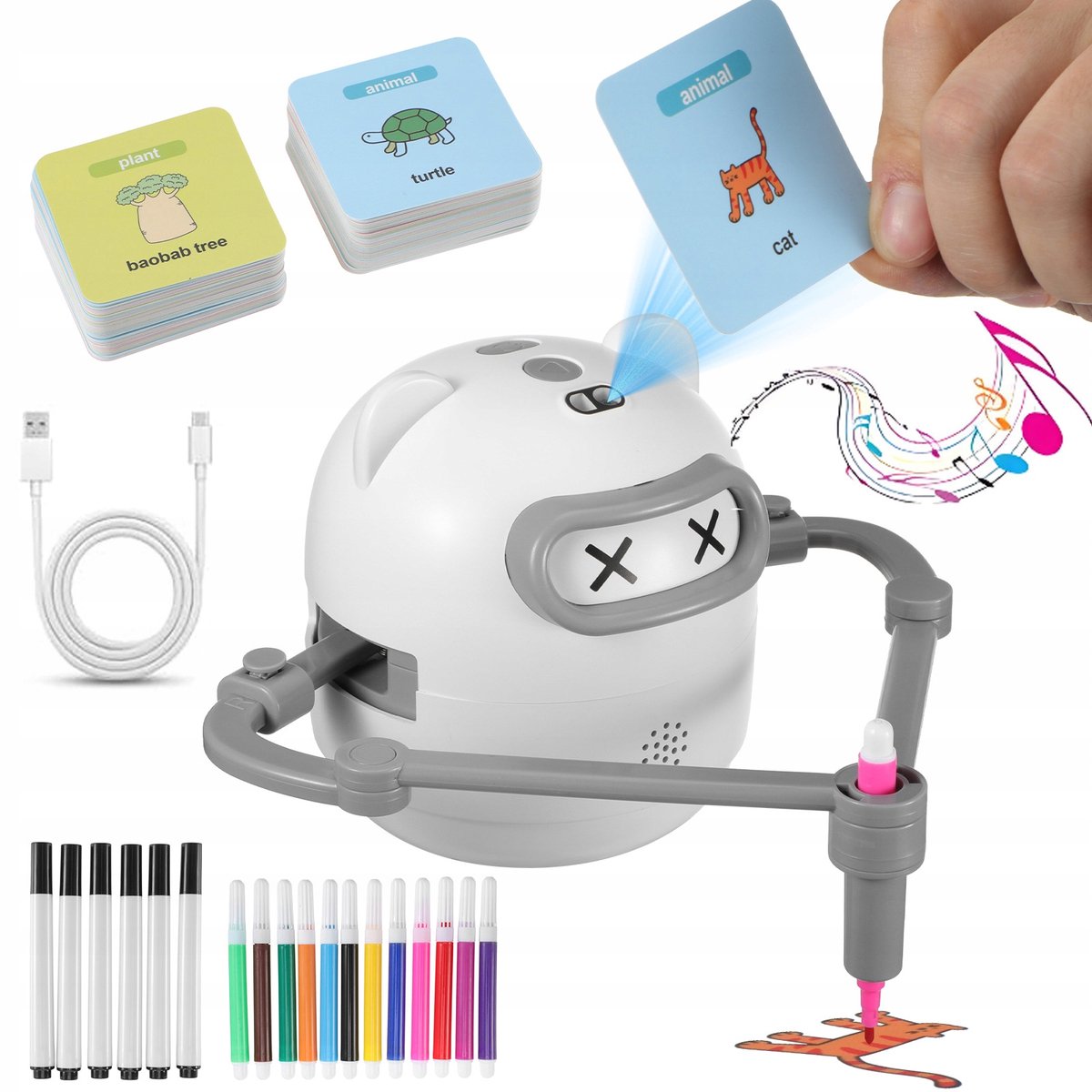 Interactieve Tekening Robot voor Kinderen - Educatieve Set met 100 Kaarten, 18 Stiften & QR-Herkenning – Leert Tekenen, Woorden & Creativiteit (3-8 Jaar)