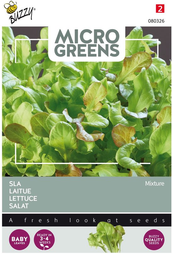 Pak met Buzzy microgreens sla, met een afbeelding van jonge blaadjes en de tekst 'Micro Greens'.