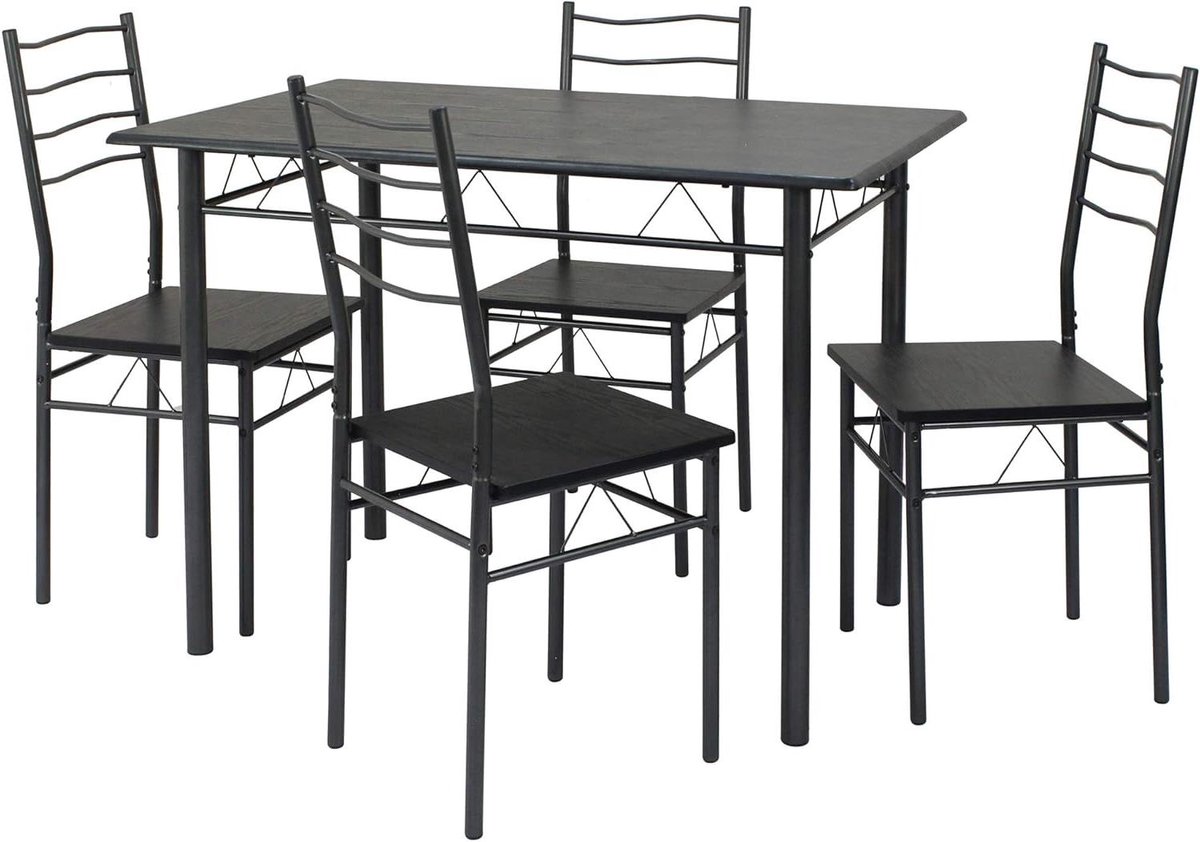 Eettafelset met stoelen - Set tafel vier - Gezellig eten - Stabiel en robuust - 110 cm breed - Zwart grijs