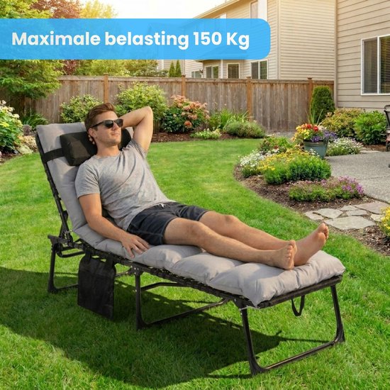 Opvouwbaar ligbed - Zonnebed - Strandbed - Tuinstoelen - Met kussen - Lichtgrijs - 58 x 190 x 32,5 cm