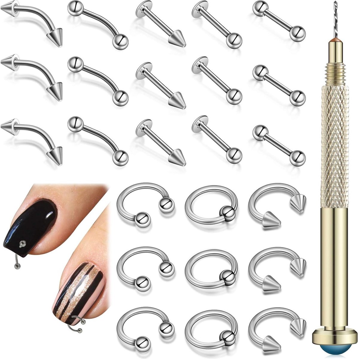 25 Stuks Dangle Charms voor Nagelkunst met Nagelpiercing Gereedschap, Handboor en Ringen, Perfect voor Acrylnagels en Gelversieringen