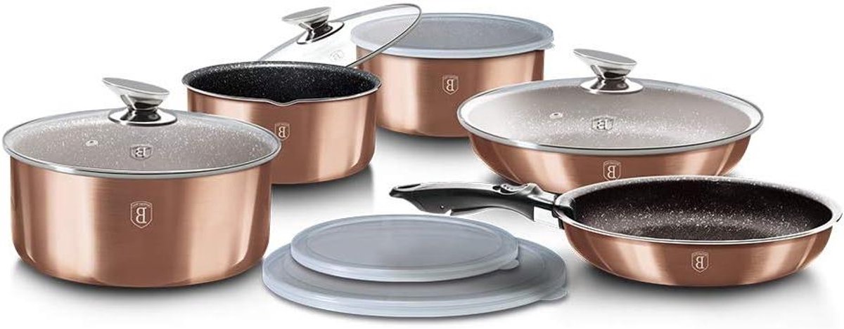 Kookgerei Set - Pannen Set - Koken en Bakken - 3 Laags Coating - 12 Delig - Roségoud