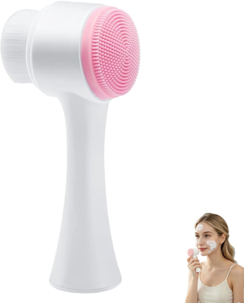 Handmatige gezichtsreinigingsborstel - 2-in-1 gezichtsreinigingsborstel - Roze - Dubbelzijdige siliconen exfoliërende borstel - Dubbelzijdige gezichtsreinigingsborstel - Gezichtsreinigingsborstel met zachte siliconenborstelharen