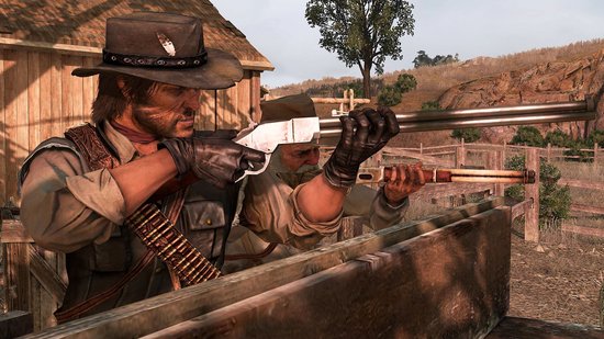 Man met cowboyhoed en geweer, met oudere man met geweer erachter, kijken naar voren.