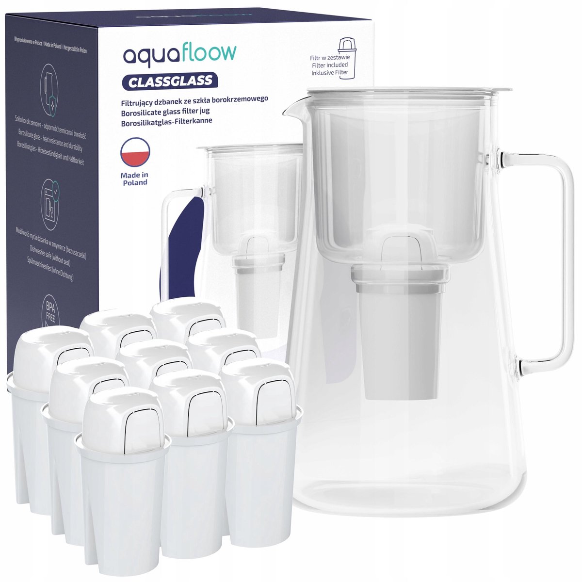 AquaFloow Waterfilterkan 3L AquaFloow ClassGlass - van borosilicaatglas - BPA-vrij - vermindert chloor, kalkaanslag en verontreinigingen - set met 10x waterfilter AquaFloow Class- wit