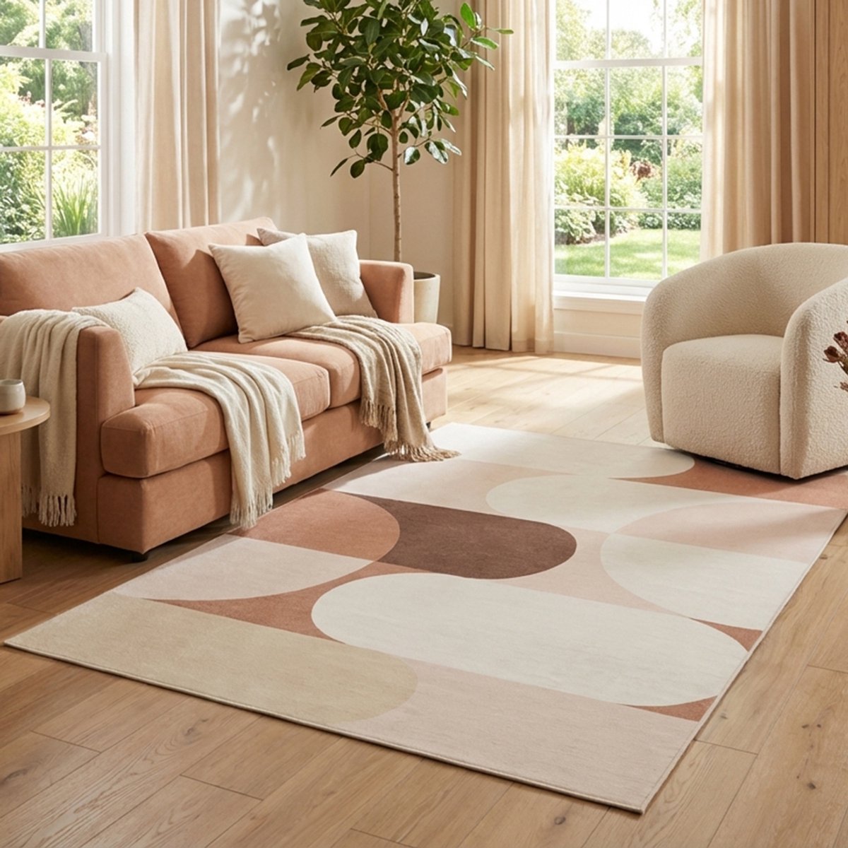 Tapiso Wisp Vloerkleed Woonkamer – Laagpolig Geometrisch Abstract Patroon – Beige Roze Bru