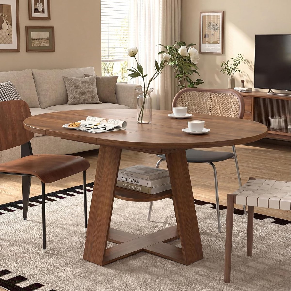 AMBIANCE Multifunctionele Ronde Eettafel - Uitschuifbaar 100-140 cm - Walnoot Look met Open Schap