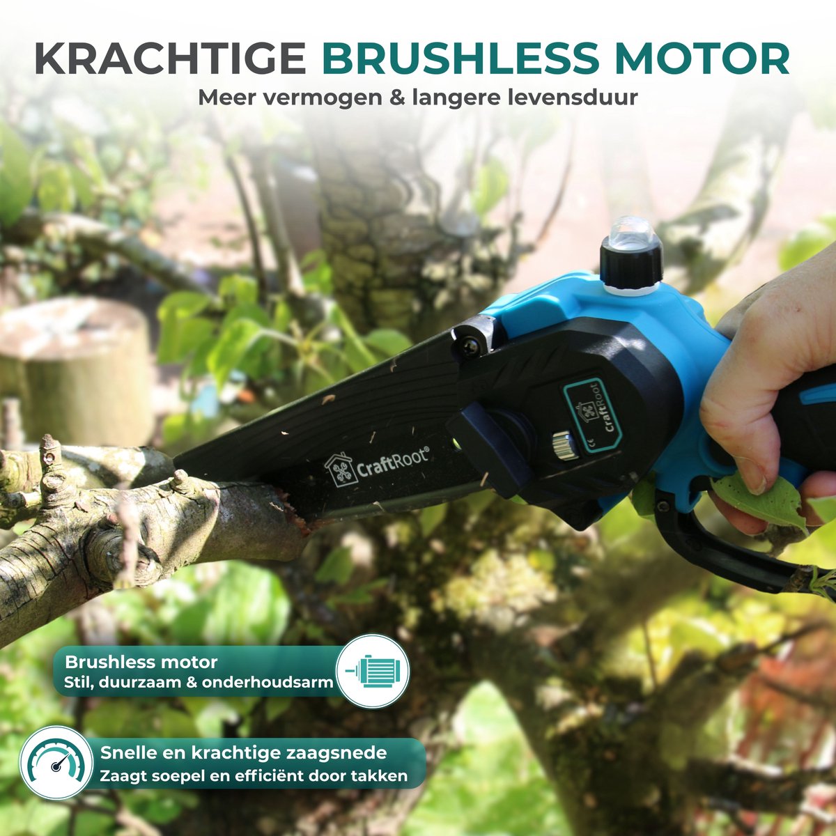 CraftRoot Elektrische Mini Kettingzaag - Draadloze Compacte Kettingzaag met Automatische Kettingsmering - Handkettingzaag - Snoeizaag - Takkenzaag - 2x 4.0Ah Accu's - Opberg Koffer - Brushless – foto 4